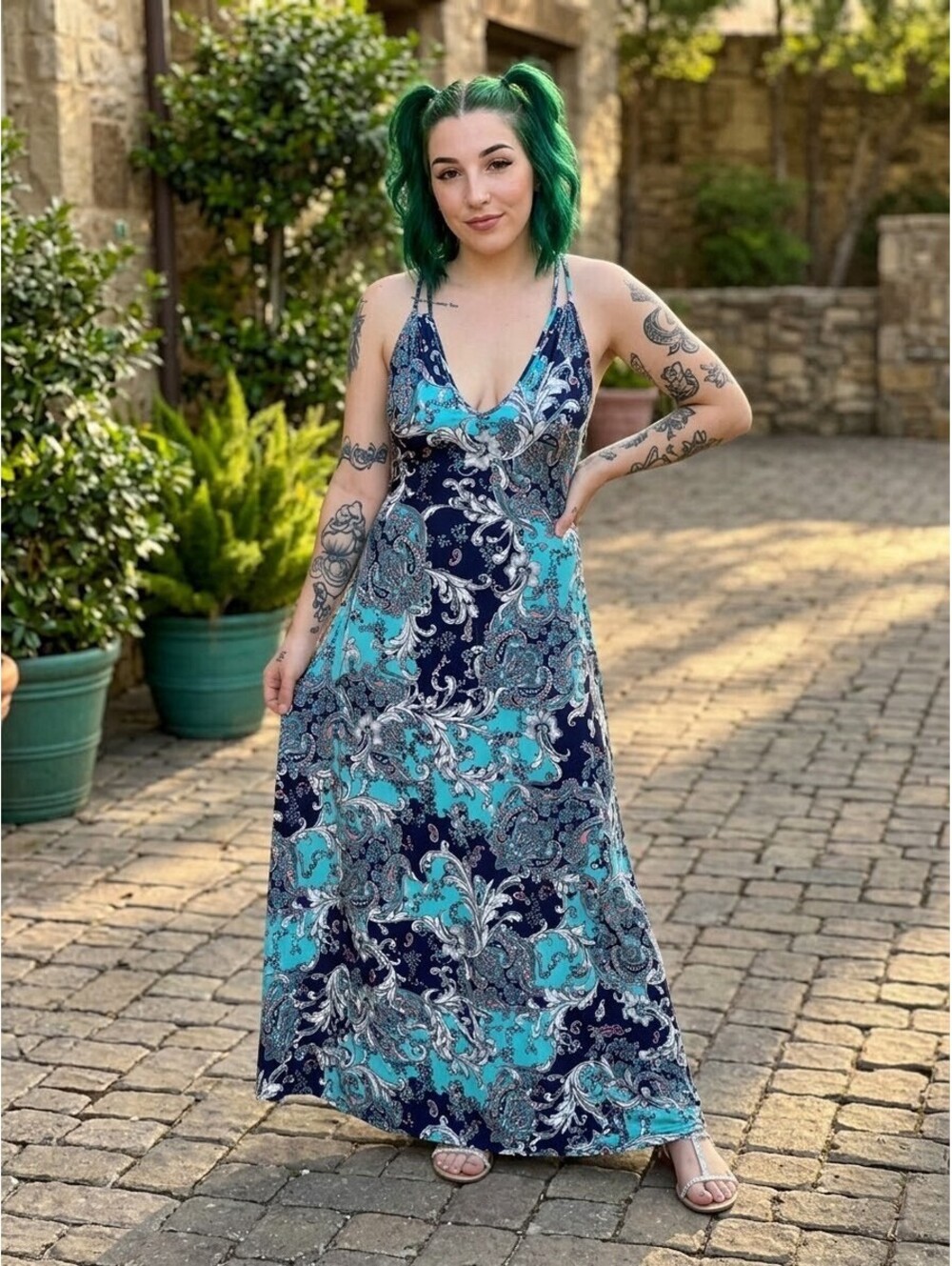 Babe Society Maxi Blue Turquoise Paisley Floral Sleeveless Sun Dress Size Small